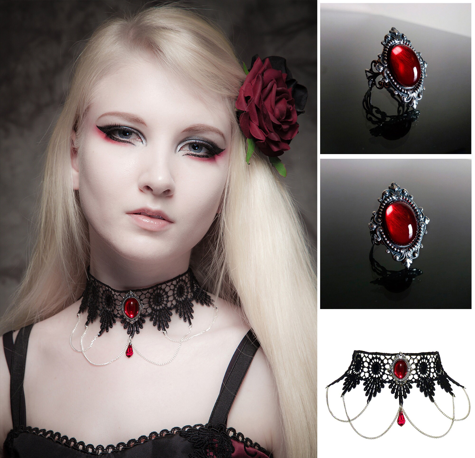 Victorian Gothic Choker Necklace - Ruby Red Swarovski Crystal, Lace ...