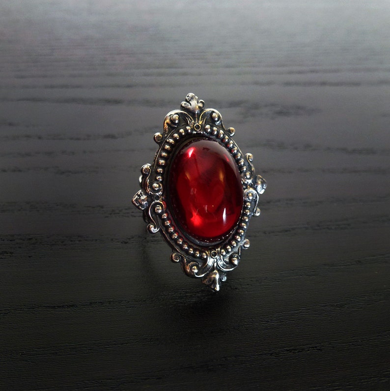 Victorian gothic ring Ruby red ornate silver filigree steampunk ring adjustable ring SINISTRA image 4
