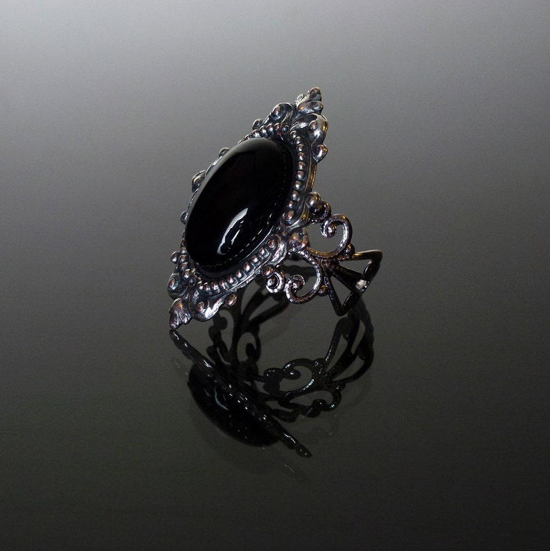 Victorian gothic ring Black Onyx gemstone ornate filigree steampunk ring adjustable ring SINISTRA image 2