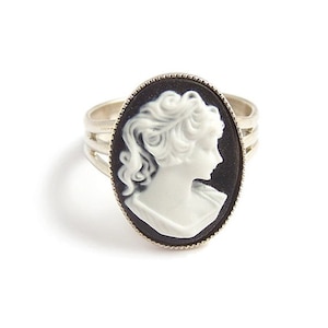 Victorian cameo ring black & white Portrait of a lady Adjustable silver gothic steampunk ring image 1