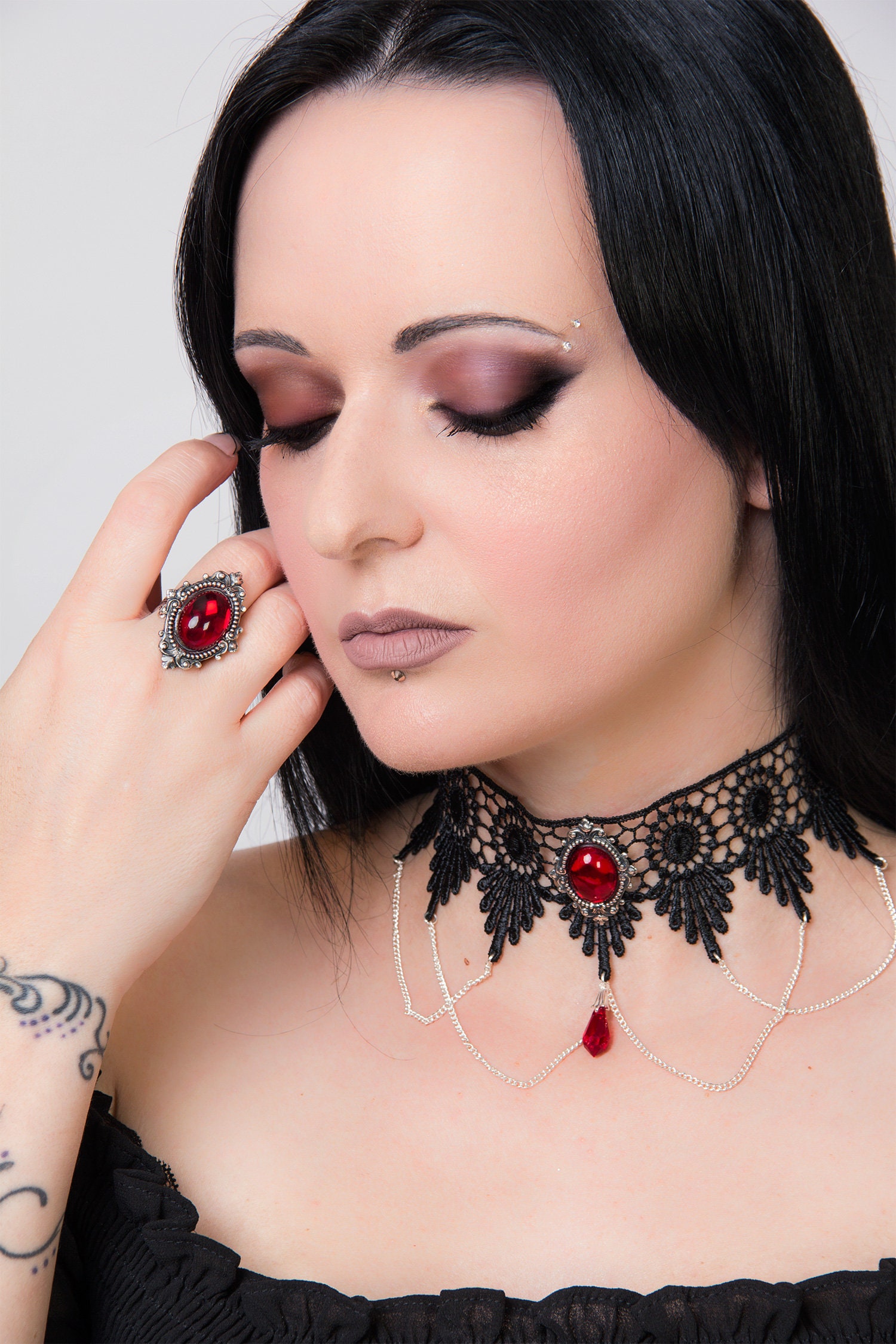 Victorian Gothic Choker Necklace - Ruby Red Swarovski Crystal, Lace ...