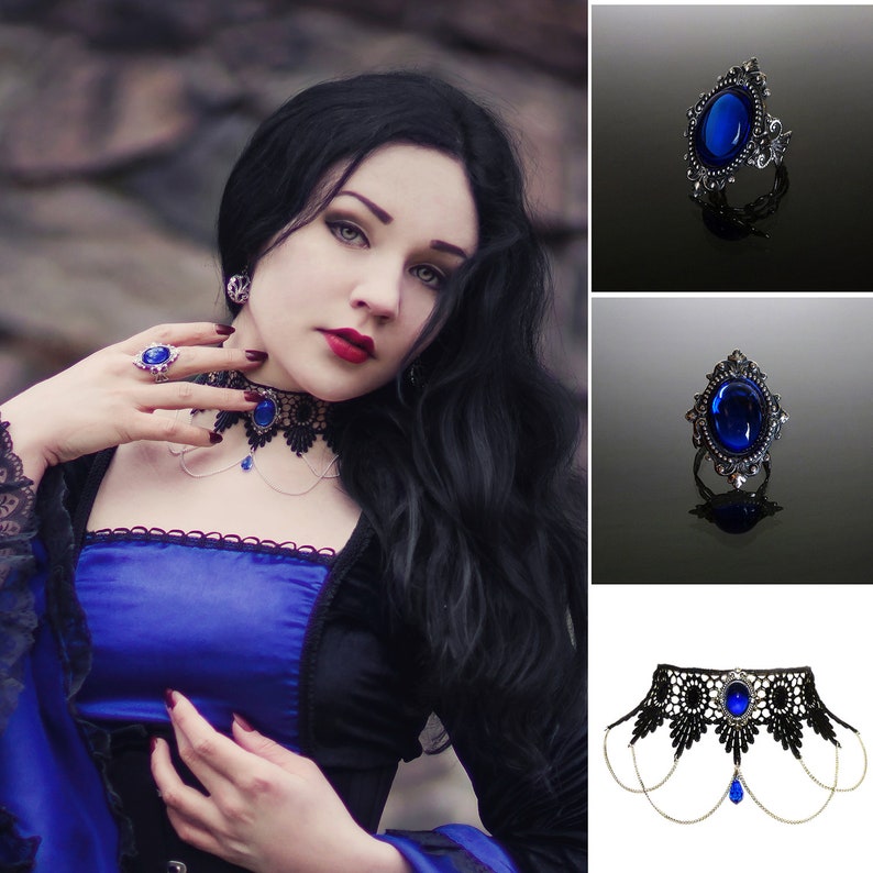 Victorian gothic choker necklace Sapphire blue Swarovski crystal & draped chains Steampunk wedding SINISTRA image 5