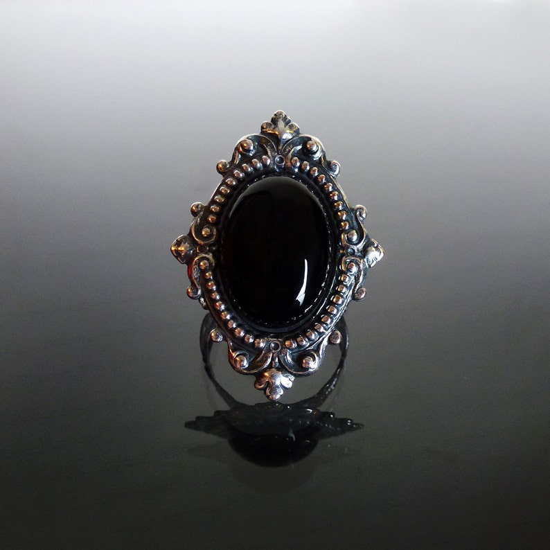 Victorian gothic ring Black Onyx gemstone ornate filigree steampunk ring adjustable ring SINISTRA image 6