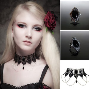 Victorian gothic ring & choker necklace - Black Onyx gemstone filigree ring and lace necklace - goth steampunk wedding SINISTRA