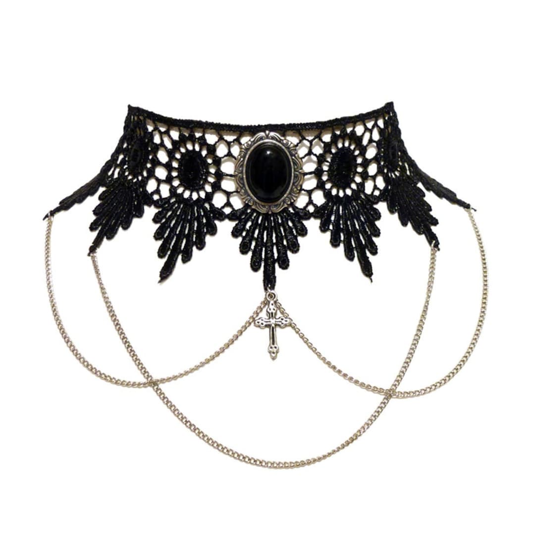 Victorian Gothic Black Onyx Gemstone Lace Choker Necklace - Goth ...