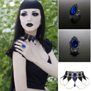 Victorian gothic choker necklace Sapphire blue Swarovski crystal & draped chains Steampunk wedding SINISTRA image 6