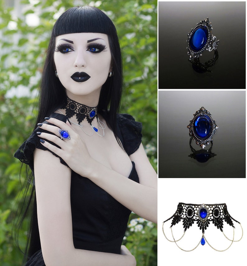 Victorian gothic choker necklace Sapphire blue Swarovski crystal & draped chains Steampunk wedding SINISTRA image 6