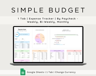 Puede incluir: Una pantalla de computadora portátil que muestra una hoja de cálculo de Google Sheets con un rastreador de presupuesto simple. La hoja de cálculo se titula "September Monthly Budget Tracker" e incluye secciones para ingresos, facturas, gastos variables y ahorros. La hoja de cálculo también incluye un gráfico circular que muestra el desglose de los gastos. El texto "SIMPLE BUDGET" se muestra encima de la pantalla de la computadora portátil. El texto "1 Tab | Expense Tracker | By Paycheck - Weekly, Bi-Weekly, Monthly" se muestra debajo de la pantalla de la computadora portátil. El texto "Google Sheets | 1 Tab | Change Currency" se muestra debajo de la computadora portátil.