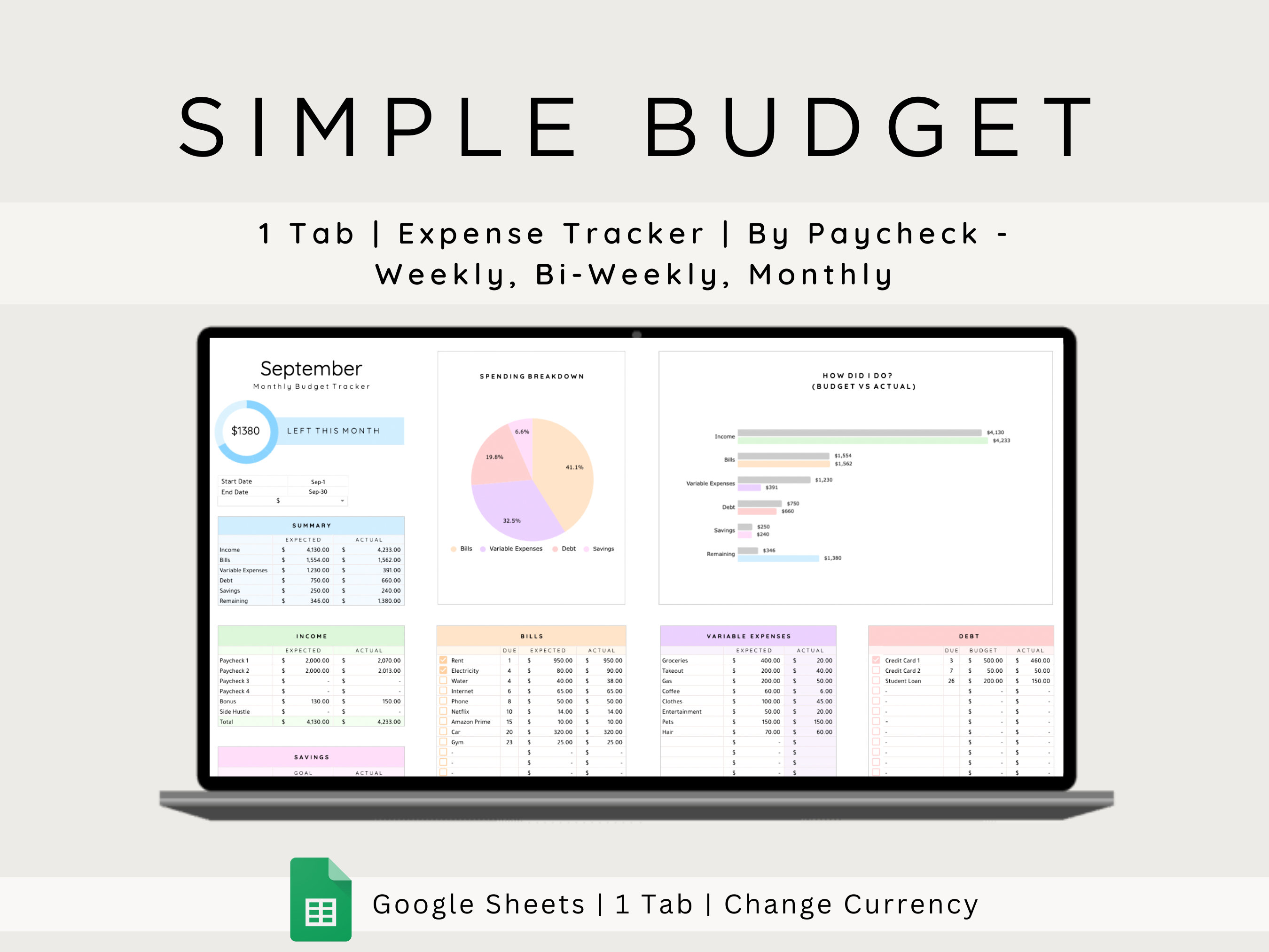 Simple Monthly Budget Planner: Google Sheets Expense Tracker (digital ...