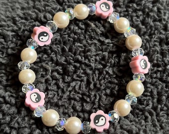Yin Yang Pink Flower Beaded Bracelet | Simulated Pearls, Faceted AB Crystal Beads
