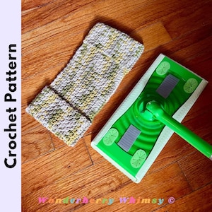 May include: A close-up of a crocheted cleaning pad in shades of green, yellow, and white, next to a green and white mop head. The words "Crochet Pattern" are on the left side of the image.