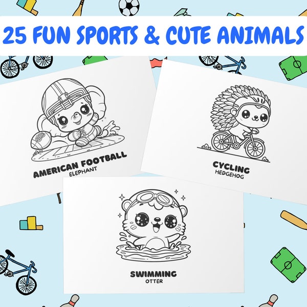 25 Kids Coloring Pages Fun Sports Cute Animals - Coloring Book for Toddlers, Preschool Coloring, Digital And Printable Interactive Learning