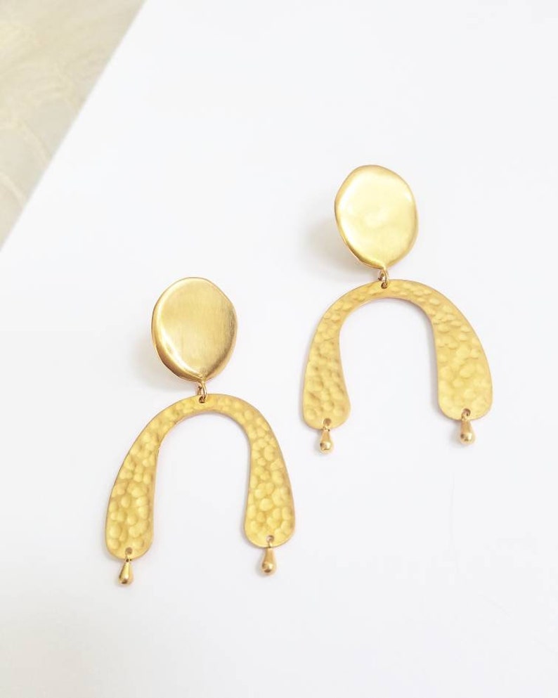 Amulet coin arc drop earrings. Hammered amulet drop earrings. Gold Statement earrings. Large drop earrings. Large stud or drop earrings. image 2