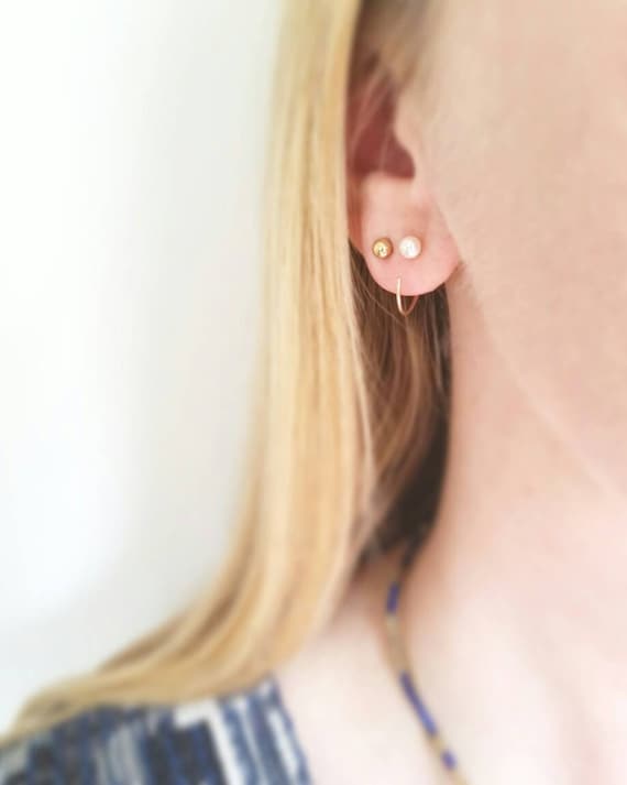 Minimalist Pearl Huggie Earring. Hoop Sleeper Earrings. 14K Gold