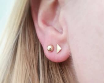 Minimalist solid 14K gold Geometric triangle stud earrings. Small 14K Gold earrings. Sterling silver Triangle stud earrings. Solid gold stud