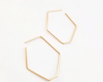 Minimalist lightweight gold hoops. 14K geometric gold fill earrings. Geometric gold threader earrings. Gold filled hoop earrings.