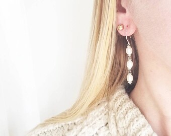 Triptych drop baroque pearl earrings. Sterling silver and freshwater pearl drop hoops. Drop hoop earrings.