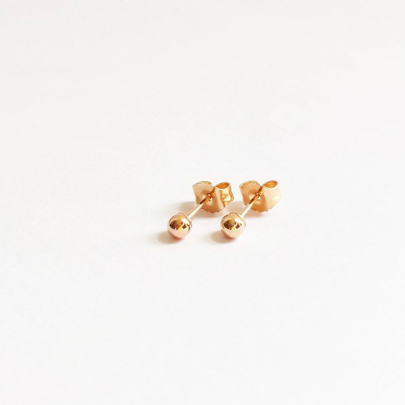 Minimalist solid 14K rose gold ball stud earrings. Classic small rose gold studs. Small 14K gold stud earrings. Rose gold ball studs. image 1