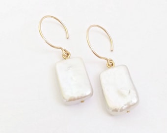 Baroque freshwater pearl amulet drop earrings. Rectangular pearl earrings. Freshwater pearl and 14K goldfill drop earrings.