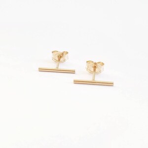 Minimalist 14K gold fill bar stud earrings. Petite gold bar studs. Round 14K gold fill bar studs. Gifts for her. Sister gift. Gal pal gifts. image 2