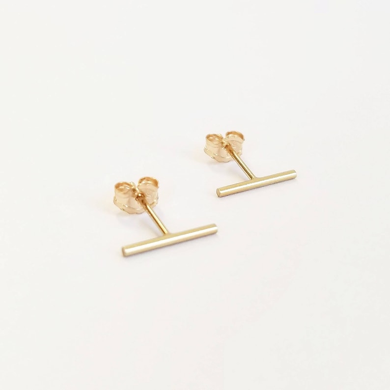 Minimalist 14K gold fill bar stud earrings. Petite gold bar studs. Round 14K gold fill bar studs. Gifts for her. Sister gift. Gal pal gifts. image 1