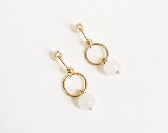 Gold Moonstone drop stud earrings. Minimalist 14K goldfill moonstone delicate drop stud earrings. June birthstone earrings. Anniversary gift