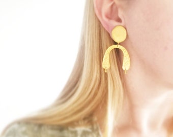 Amulet coin arc drop earrings. Hammered amulet drop earrings. Gold Statement earrings. Large drop earrings. Large stud or drop earrings.