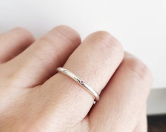 Minimalist rounded stacking band with pink Sapphire. Sterling silver and sapphires ring. Sterling silver wedding band. Custom silver ring.