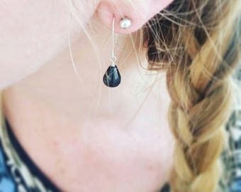 Minimalist Black Astrophyllite and Sterling Silver drop earrings. Sterling Silver teardrop earrings. Small gemstone drop earrings.