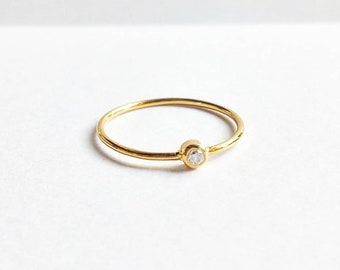 Petite 14K Yellow Gold Diamond Engagement Ring. Minimalist Solid 14K gold diamond ring. Gold stacking ring. Custom Engagement Ring.