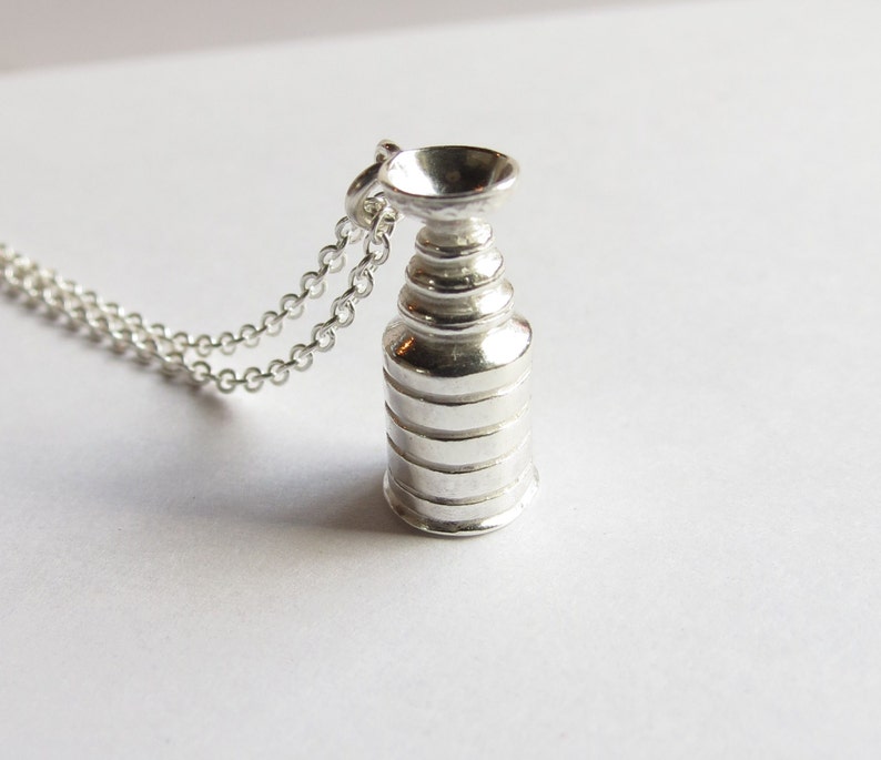 Sterling Silver Trophy Cup Hockey Necklace. Silver Hockey fan necklace. Silver Hockey Necklace. Hockey Mom Necklace. Men's Hockey Necklace. image 1