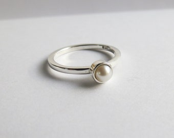 Custom freshwater pearl ring. Minimalist Freshwater Pearl Solitaire Engagement Ring. Custom Sterling Silver and Pearl Ring. Pearl ring.