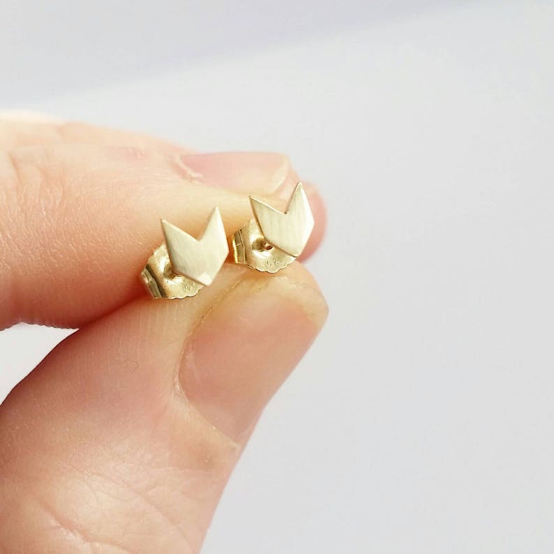 14K Solid Rose Gold, White Gold or Yellow Gold Chevron Studs. Delicate Chevron Studs. Minimalist solid gold stud earrings. image 1