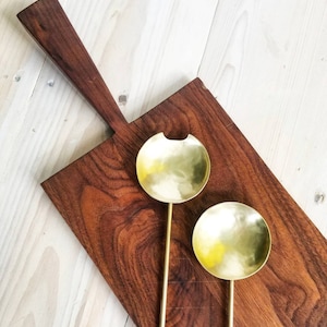 Pair Large solid brass hand hammered salad servers. Pair Minimalist handmade brass serving spoons. Round brass spoons. Housewarming gift.