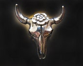 Steer or Bull Skull with Flower Ring in Sterling Silver