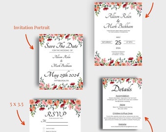 Ensemble de collection de mariage modifiable | faire-part | Réservez la date | RSVP | Détails | Thème floral d'automne | Modèle d'invitation de mariage | Imprimable