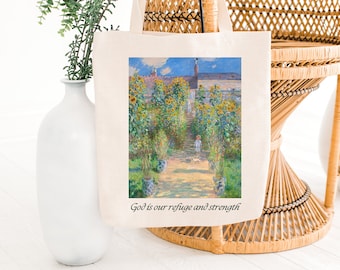 Borsa in cotone "Dio è il mio rifugio" di Monet, borsa per chiesa cristiana