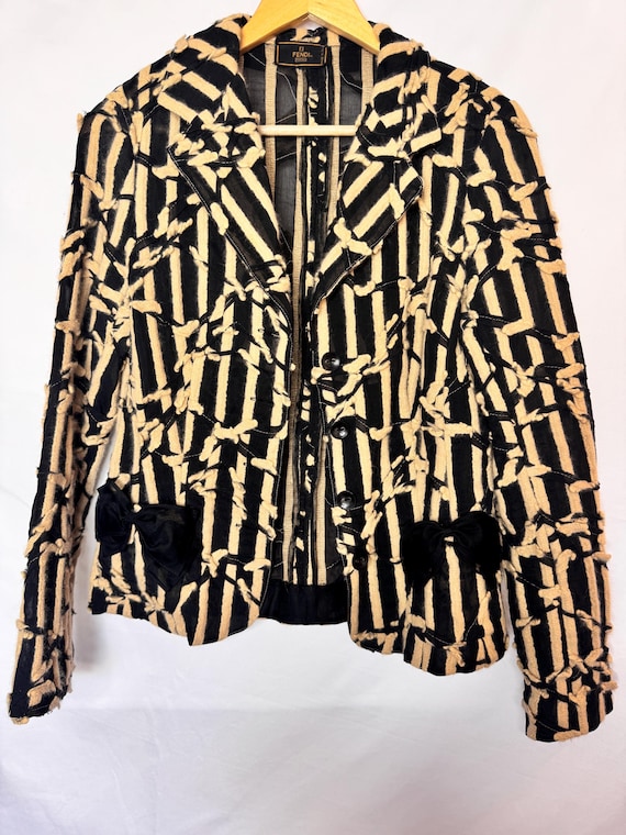 Fendi, Fendi Blazer Jacket, Black and Cream Patterned Vintage with Bow Pocket Detail