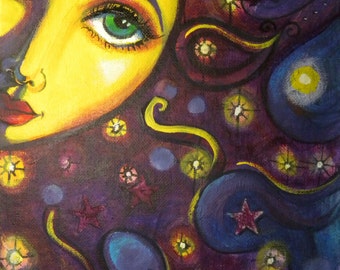 Sun face painting Celestial goddess art print 8 x 10" whimsical decor CaaT