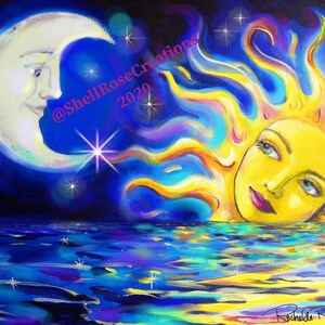 May include: A painting of a crescent moon and a sun with a human face. The moon is white and the sun is yellow with blue and orange flames. The background is a dark blue with stars. The text "@ShellRoseCreations 2020" is in the upper right corner of the painting.