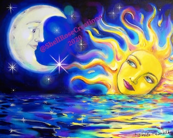 Solar Goddess Meets the Moon 11x14 art print celestial universe fantasy sun face stars heavens galaxy vibrant energy couple relationship