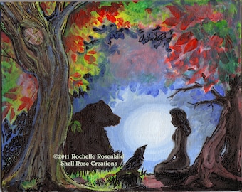 Totem animals Bear and Raven Moonlight Maiden Painting Reproduction Print  11 x 14 in.