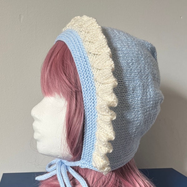 Adult baby bonnet pale blue wih a frill, unisex