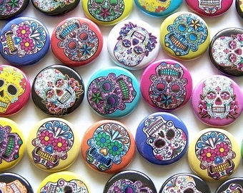 Bright Colorful Sugar Skull Dia De Los Muertos 1 Inch Pinback Buttons - Set of Six (6)