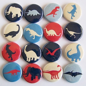 Primary Colored Dinosaur Silhouette 1 Inch Pinback Buttons - Set of Six