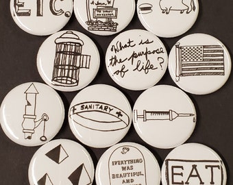 Kurt Vonnegut Sketches and Tribute Artwork 1 Inch Pinback Buttons - Set of Six