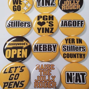 Black and Gold Pittsburgh Pride &quot;Pittsburghese&quot; Slang 2.25 Inch Pinback Buttons  - COMPLETE SET OF 12