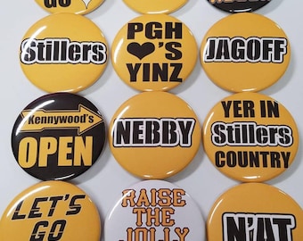 Black and Gold Pittsburgh Pride "Pittsburghese" Slang 2.25 Inch Pinback Buttons  - COMPLETE SET OF 12