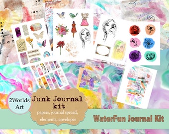 Waterfun Art Journal Junk Journal Printable kit, Scrapbooking, Collage Papers, Digital Stickers, Fussy Cut