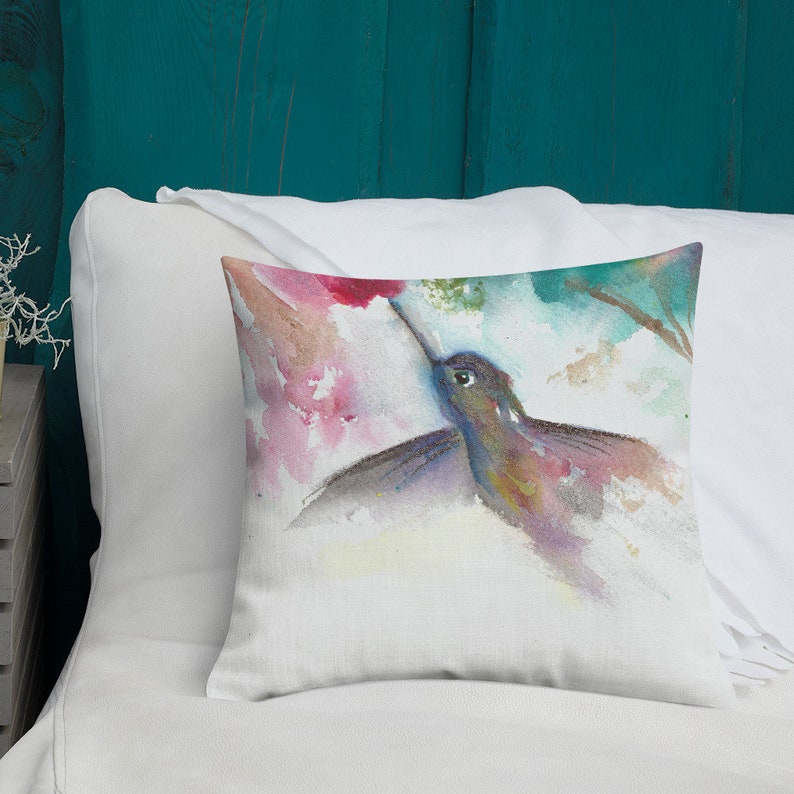 Best Friend Gift Woodland Painting Watercolor Throw Pillow Hummingbird Watercolor Paint Watercolor Painting Accent Pillow for Couch
